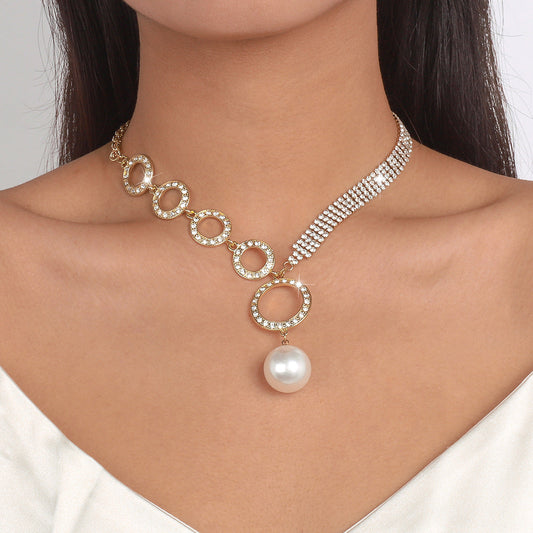 5 Imitation Pearl Circle Claw Chain Full Diamond Personalized Necklace