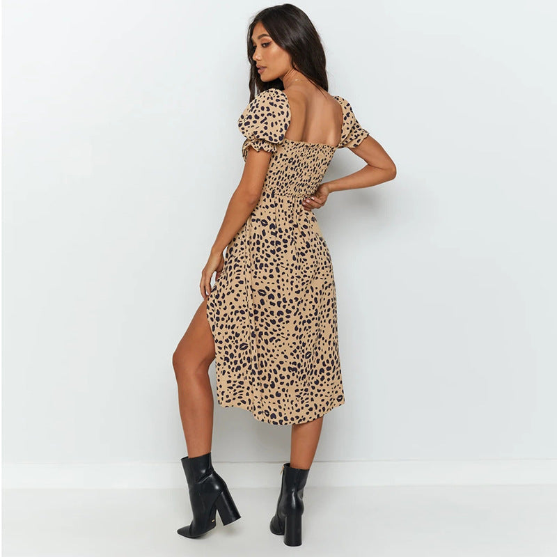 Summer square neck split sexy  leopard print midi dress