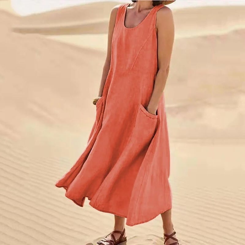 Sleeveless Cotton And Linen Dress With Pockets