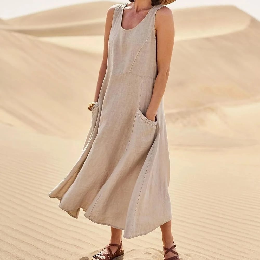 Sleeveless Cotton And Linen Dress With Pockets