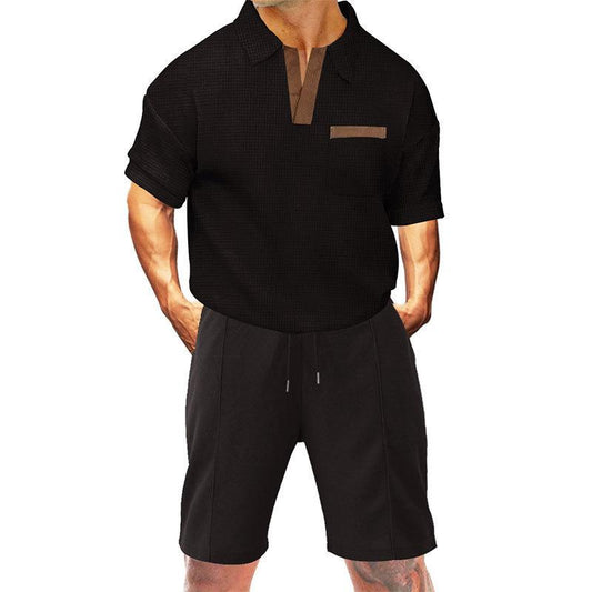 Men's Waffle Lapel Short Sleeve Shorts Two Piece Set 12863995X