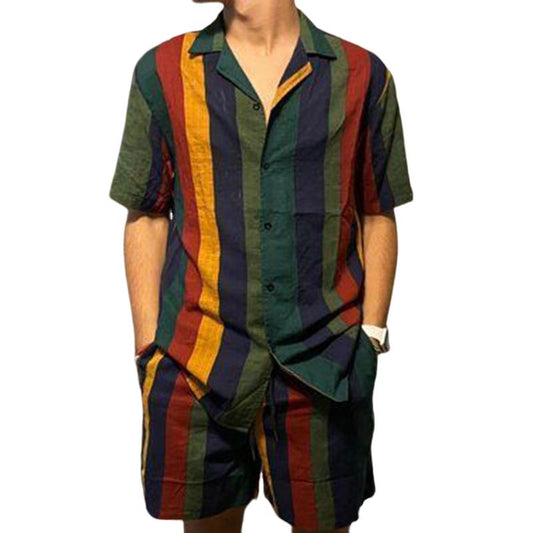 Men's Casual Rainbow Striped Short-sleeved Two-piece Set 41022272TO