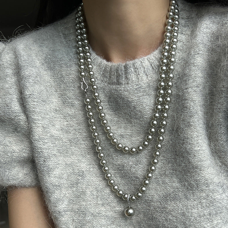 Gray long sweater chain pearl necklace