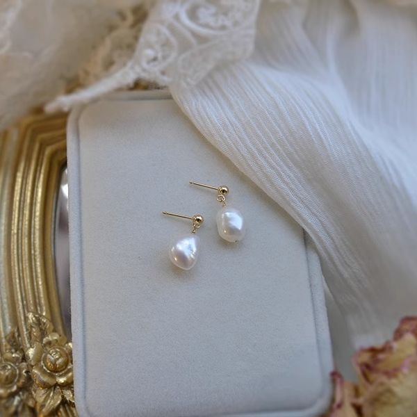 Natural Baroque fresh water pearl silver needle earrings 14k gold ear hook
