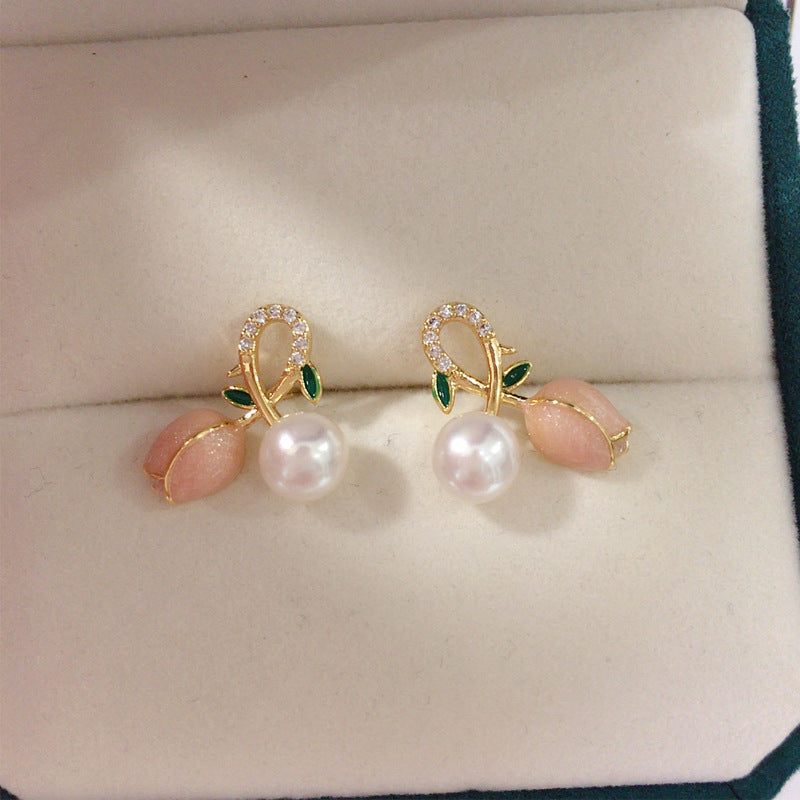 Natural fresh water pearl 18K gold wrapped pink tulip earrings