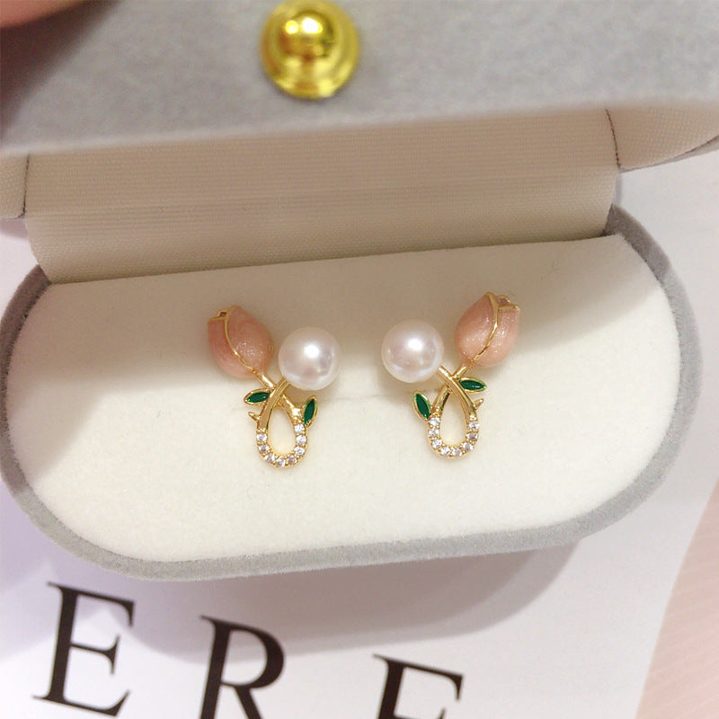 Natural fresh water pearl 18K gold wrapped pink tulip earrings