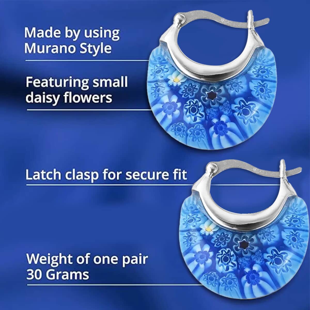 Blue Murano Style Basket Earrings in Stainless Steel with Lifetime Guarantee