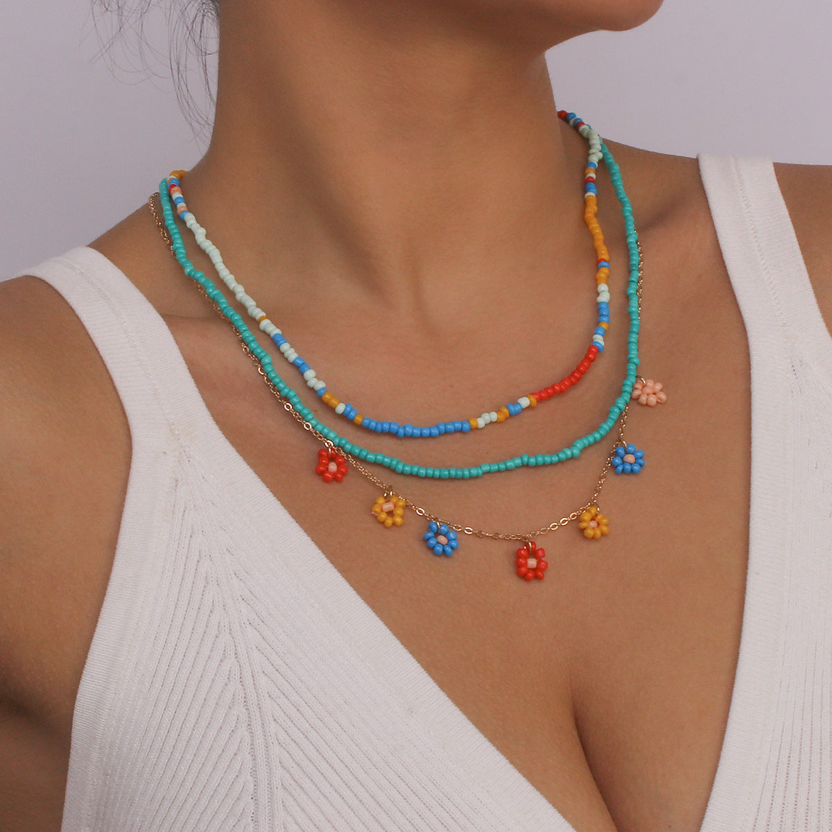Ethnic style rice bead necklace flower holiday style clavicle chain jewelry