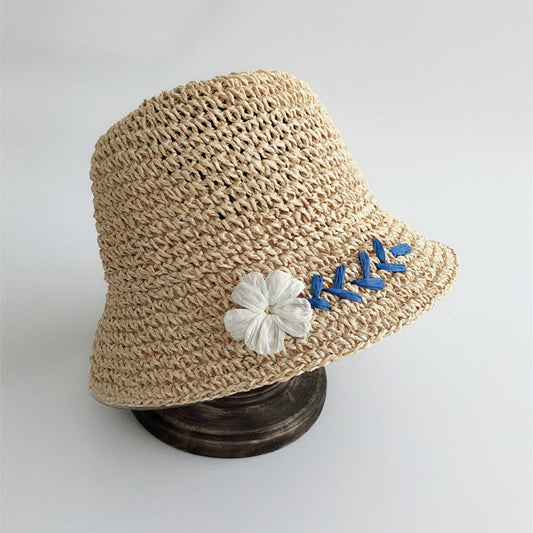 Small daisy embroidered small brim straw hat