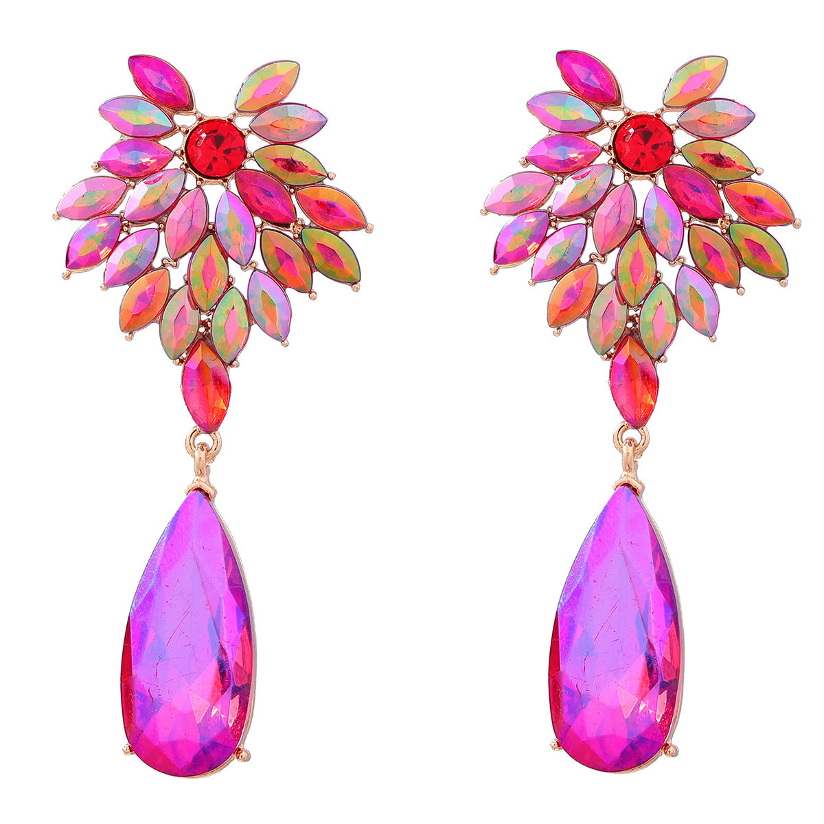 Full diamond floral exaggerated drop-shaped acrylic earrings