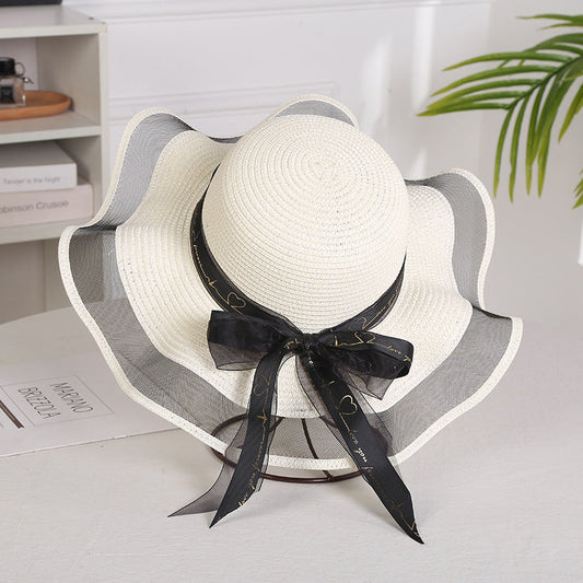 Mesh-trimmed outdoor large-brimmed sunhat