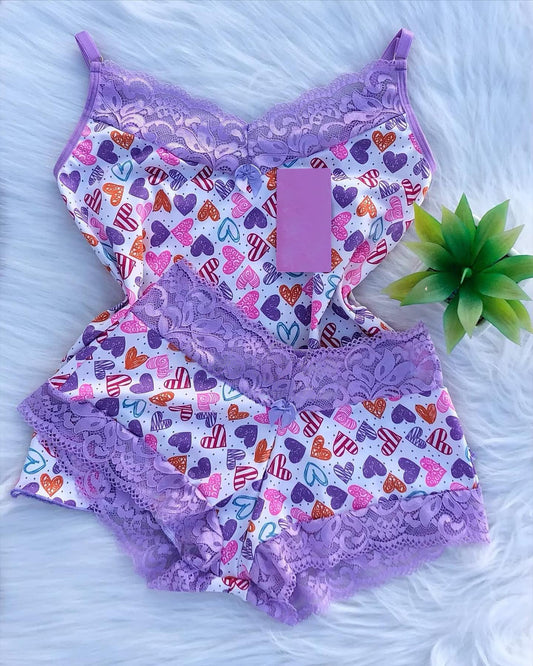 Love Pattern Lace Camisole Pajamas Two-Piece Set