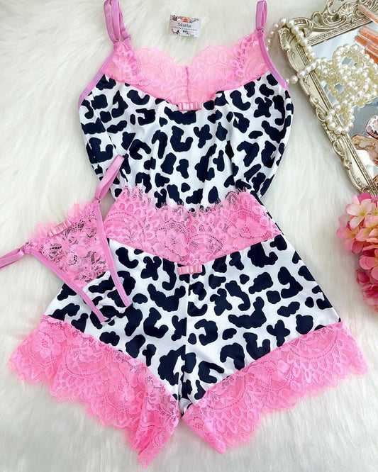 Sexy Leopard Lace Pajamas Three-piece Set