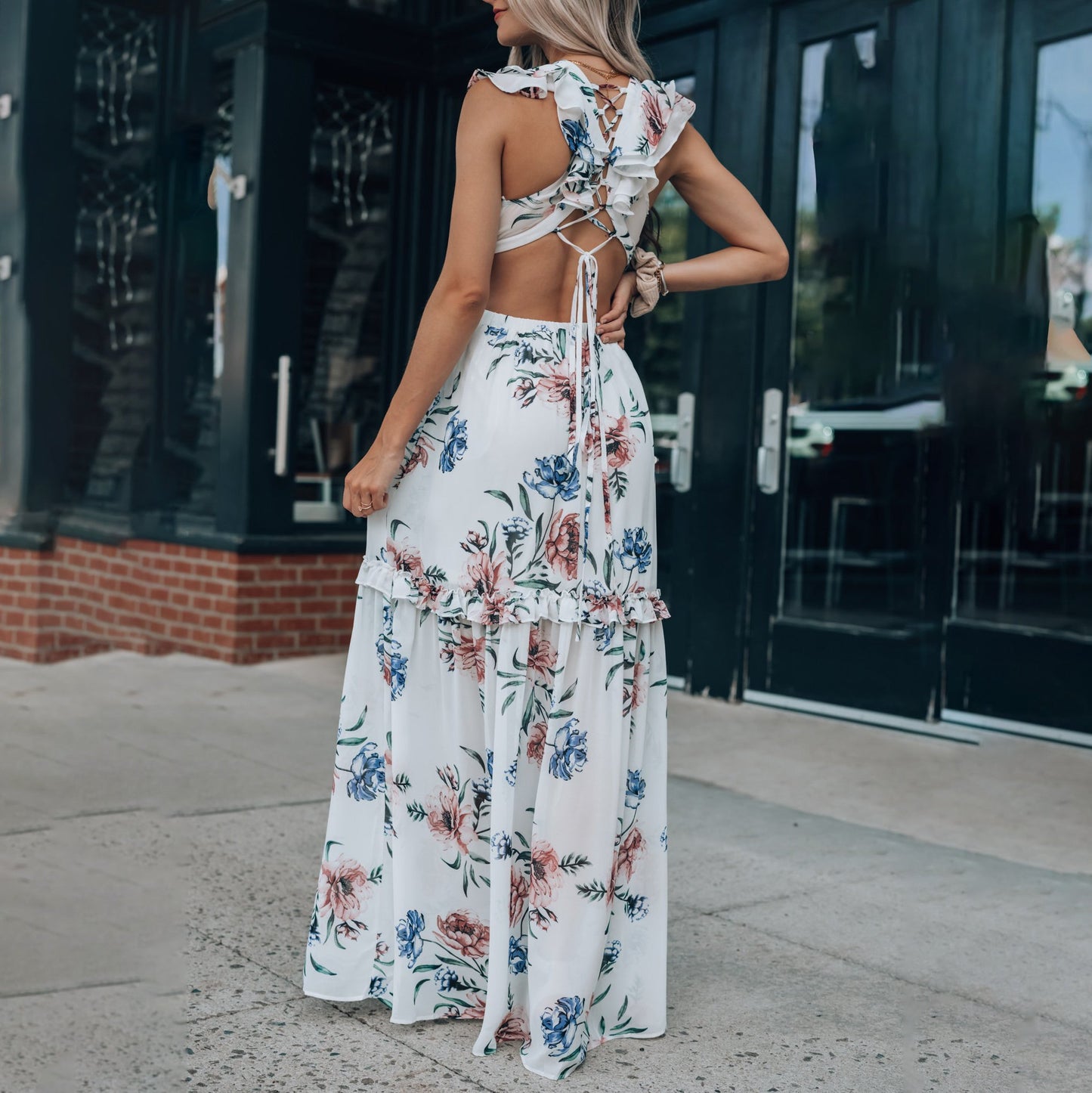 Fashion halter lace-up ruffled floral dress