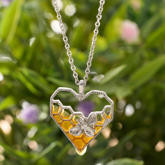 Dripping Honey Heart Silver Bee Necklace