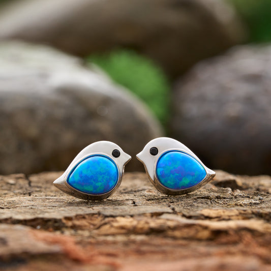 Sterling Silver Blue Opal Birdie Studs