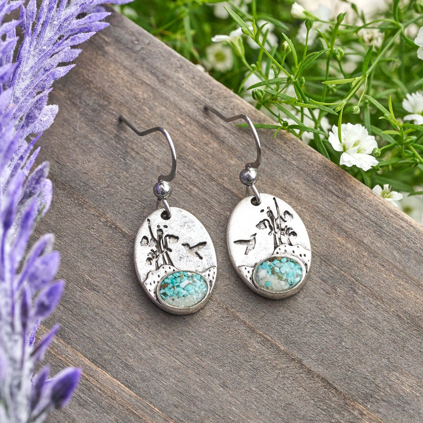 Turquoise Hummingbird Flower Earrings