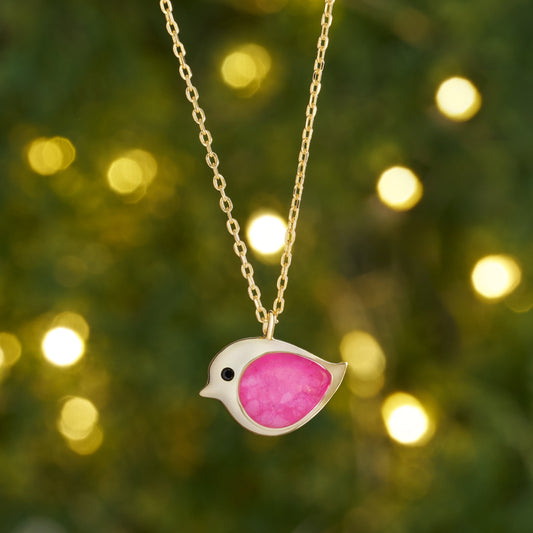 Gold Sterling Silver Pink Sand Birdie Necklace