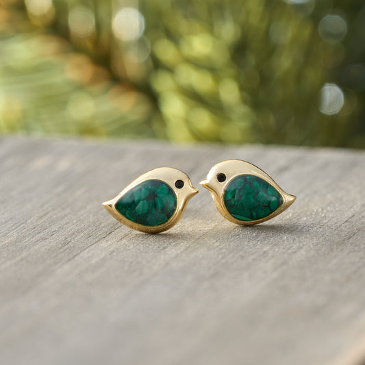 Gold Sterling Silver Malachite Birdie Studs