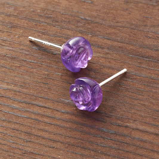 Carved Amethyst Rose Studs