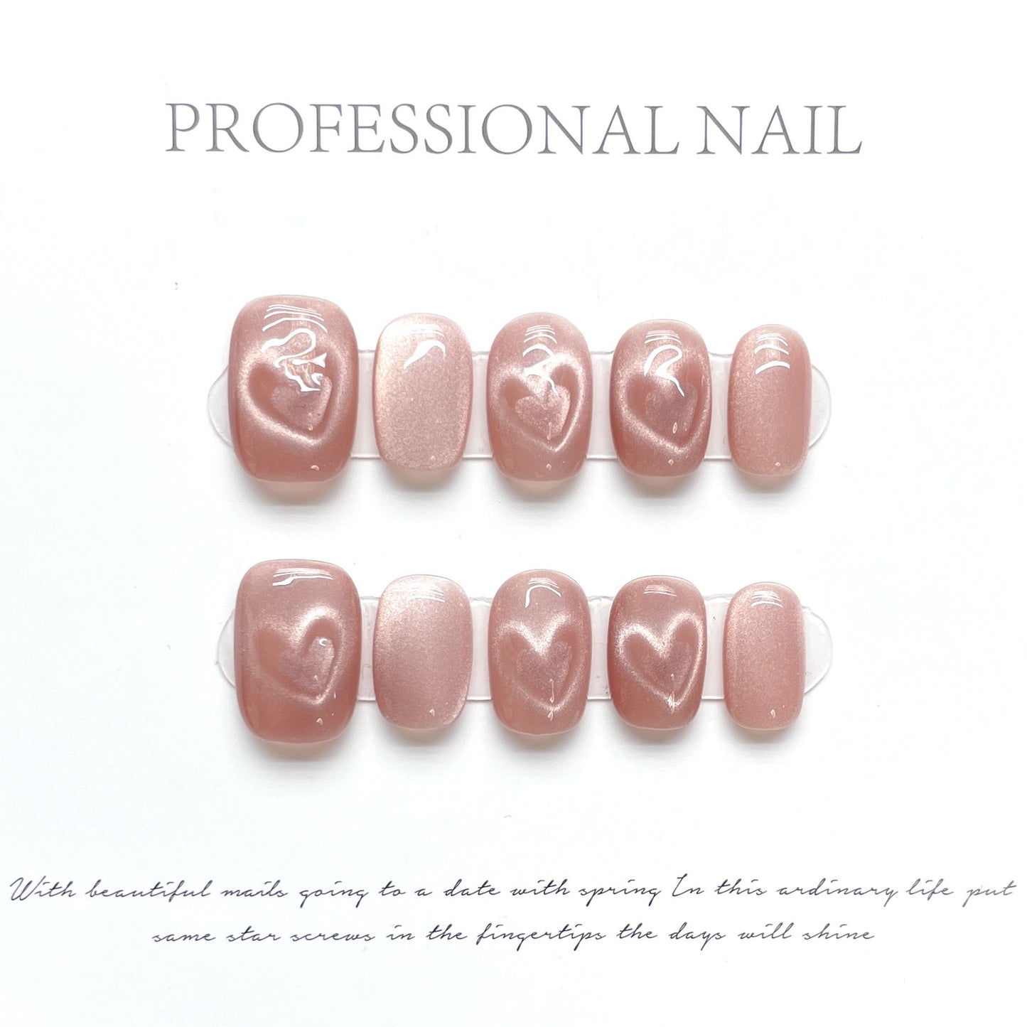 Cardiac signal pink heart flashing cat eye Handmade Press on Nails