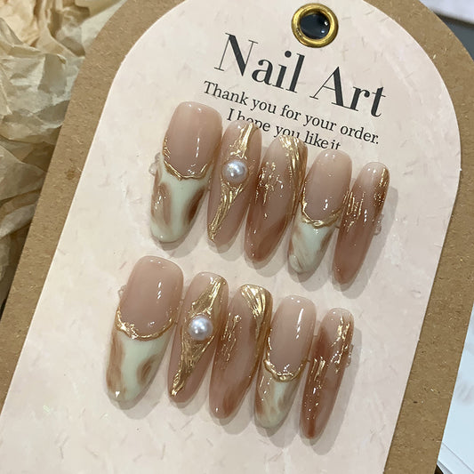 Gorgeous Nude Gold thread Handmade Press on Nails