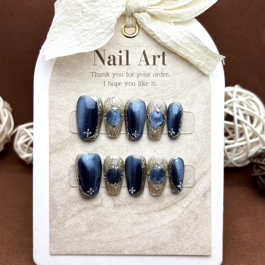 Handmade Blue cat's eye gemstone cat eye Press on Nails
