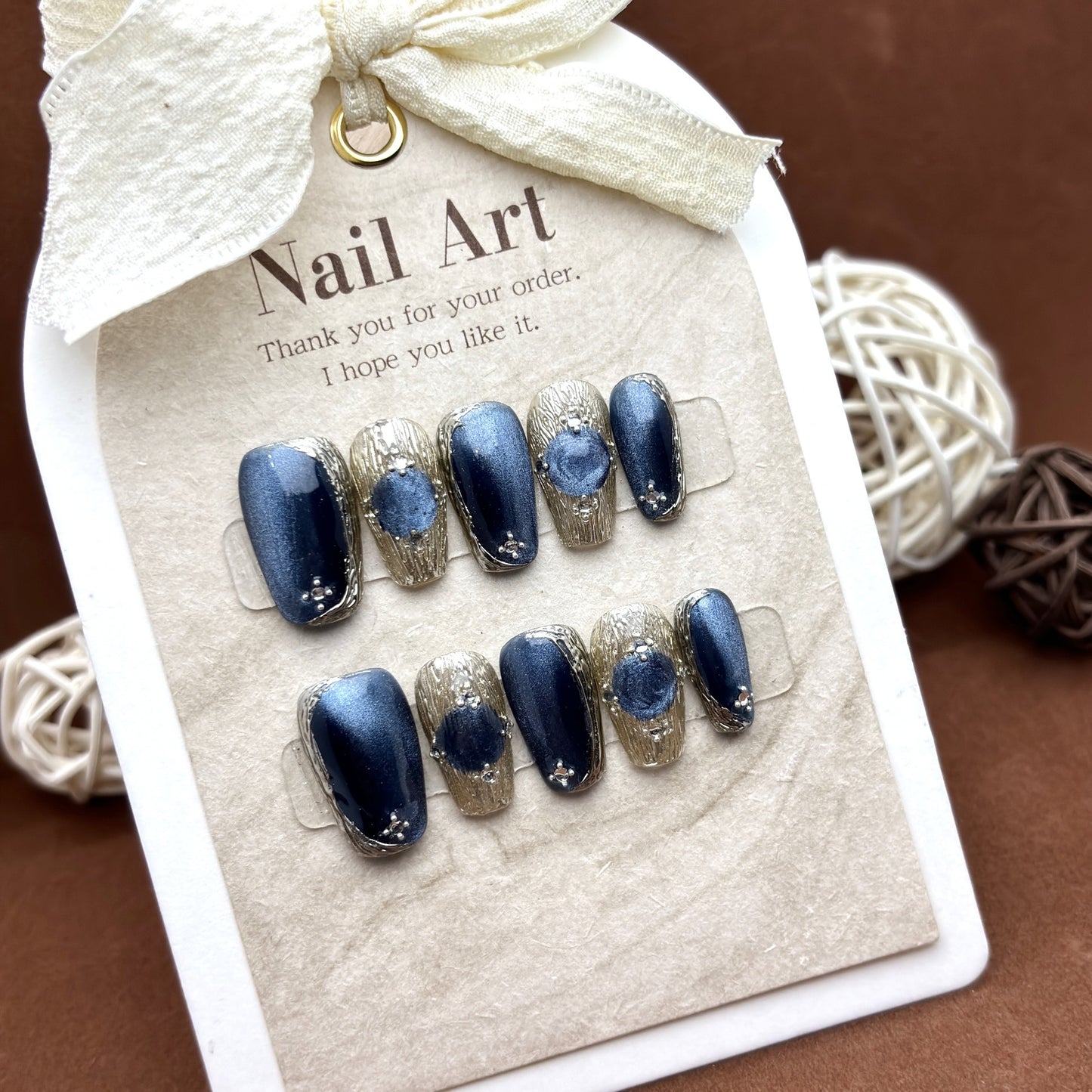 Handmade Blue cat's eye gemstone cat eye Press on Nails