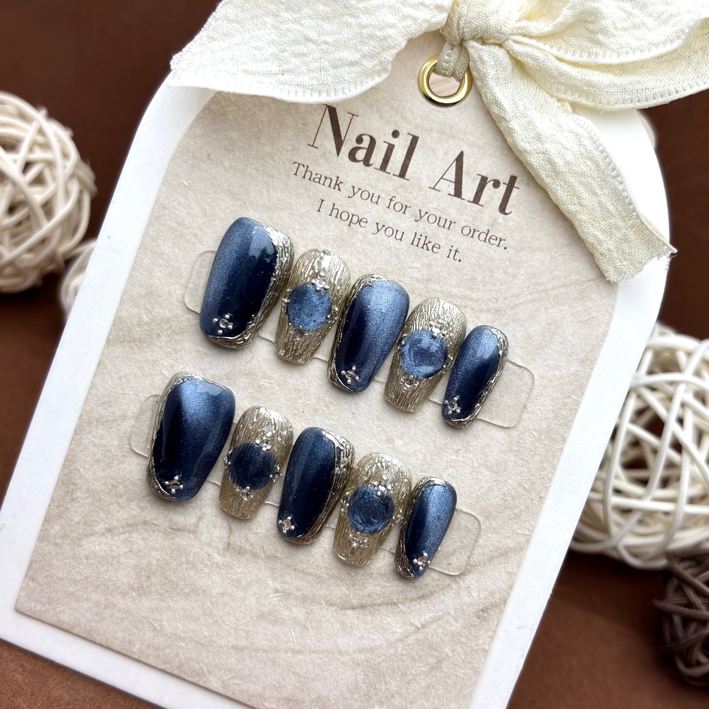 Handmade Blue cat's eye gemstone cat eye Press on Nails