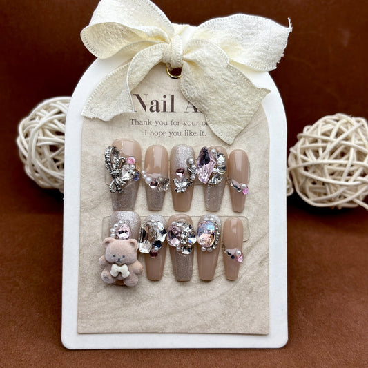 Handmade Stuffed bear diamonds Press on Nails