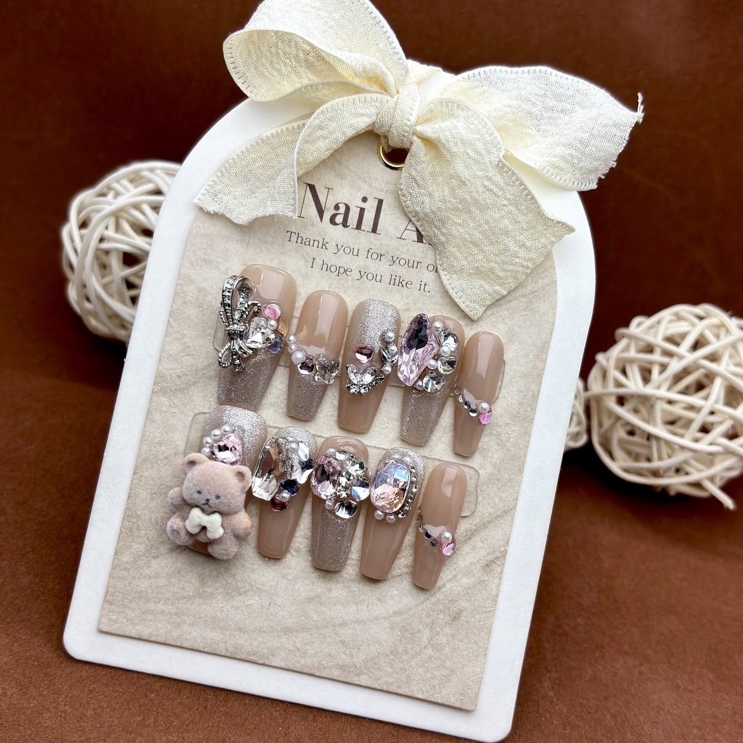 Handmade Stuffed bear diamonds Press on Nails