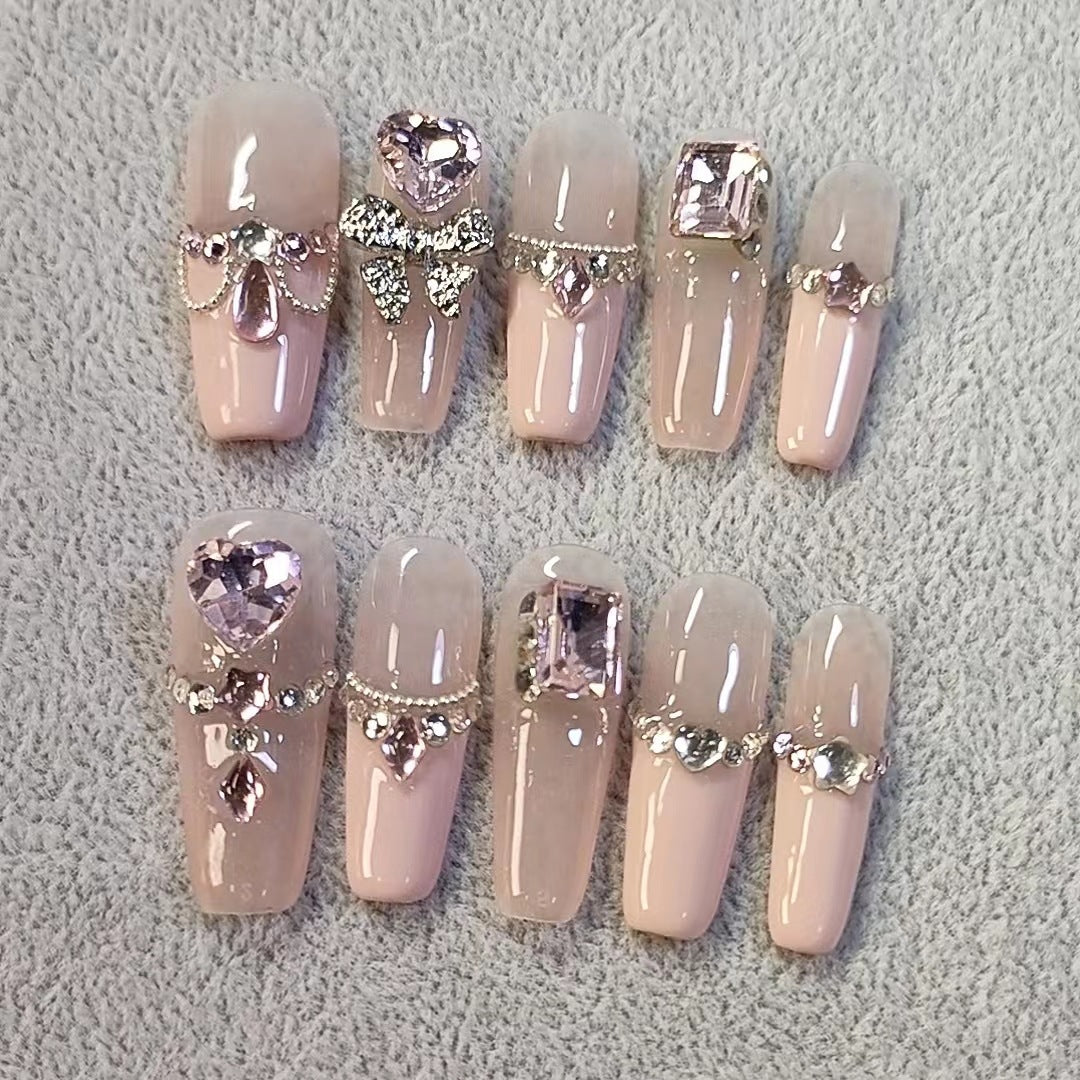 Handmade diamond pink Press on Nails
