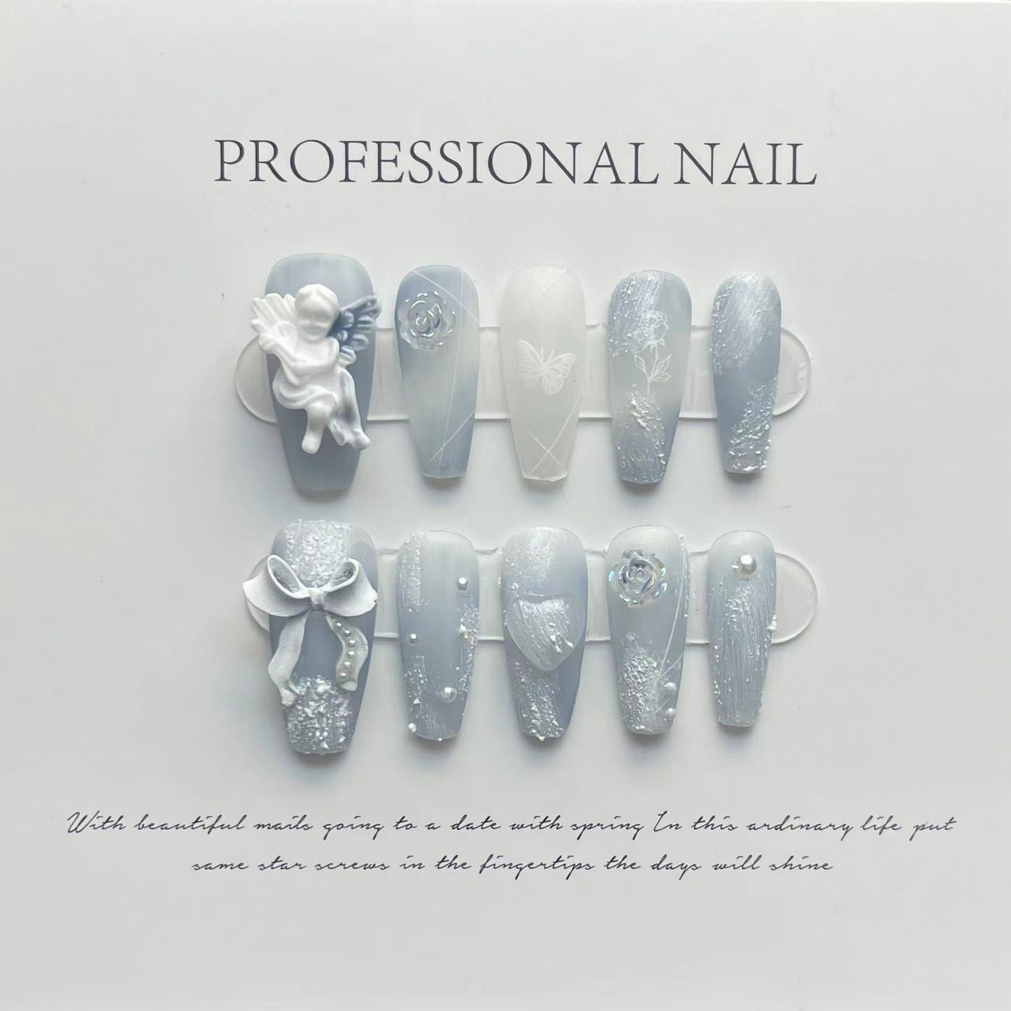 Ice haze blue plaster angel rose Handmade Press on Nails