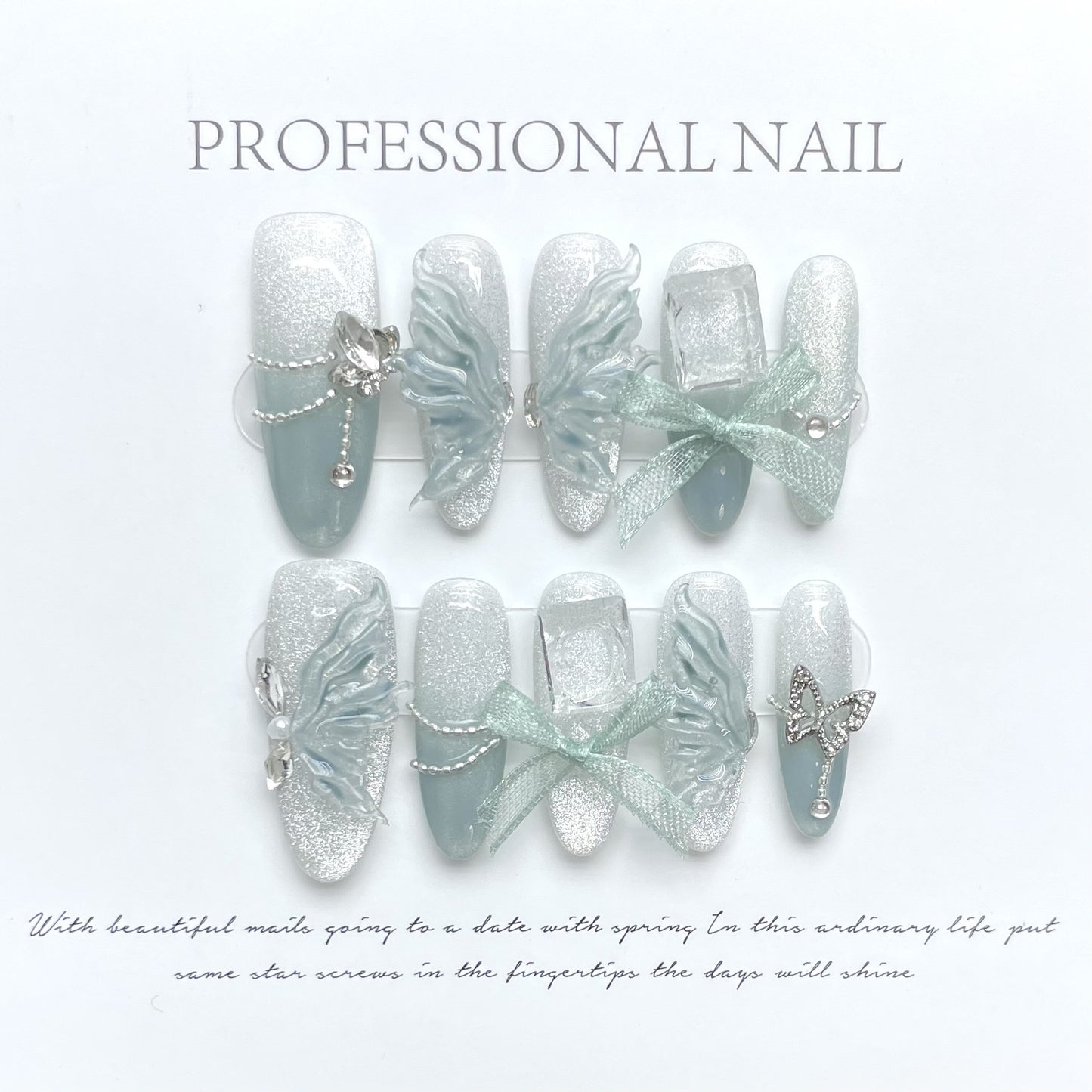 Jade Butterfly Nail art smoothie cat eye Handmade Press on Nails
