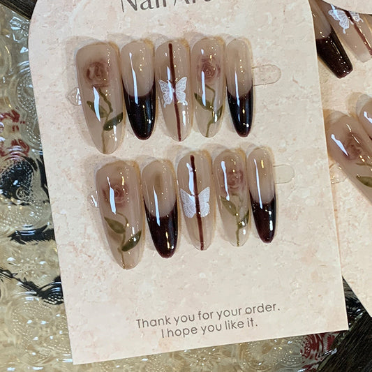 Rose butterfyl nude Handmade Press on Nails