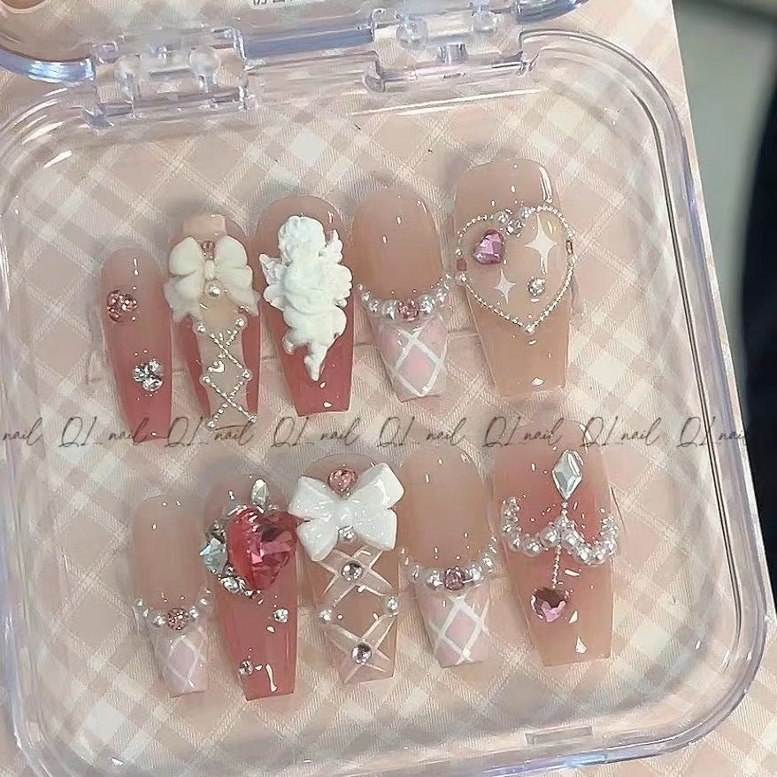 The goddess of Love |Ballet ribbon blush plaid Handmade Press on Nails