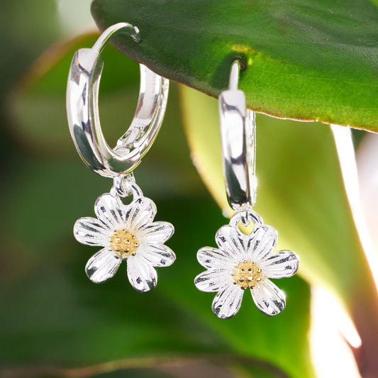 Sterling Silver Daisy Hoop Earrings