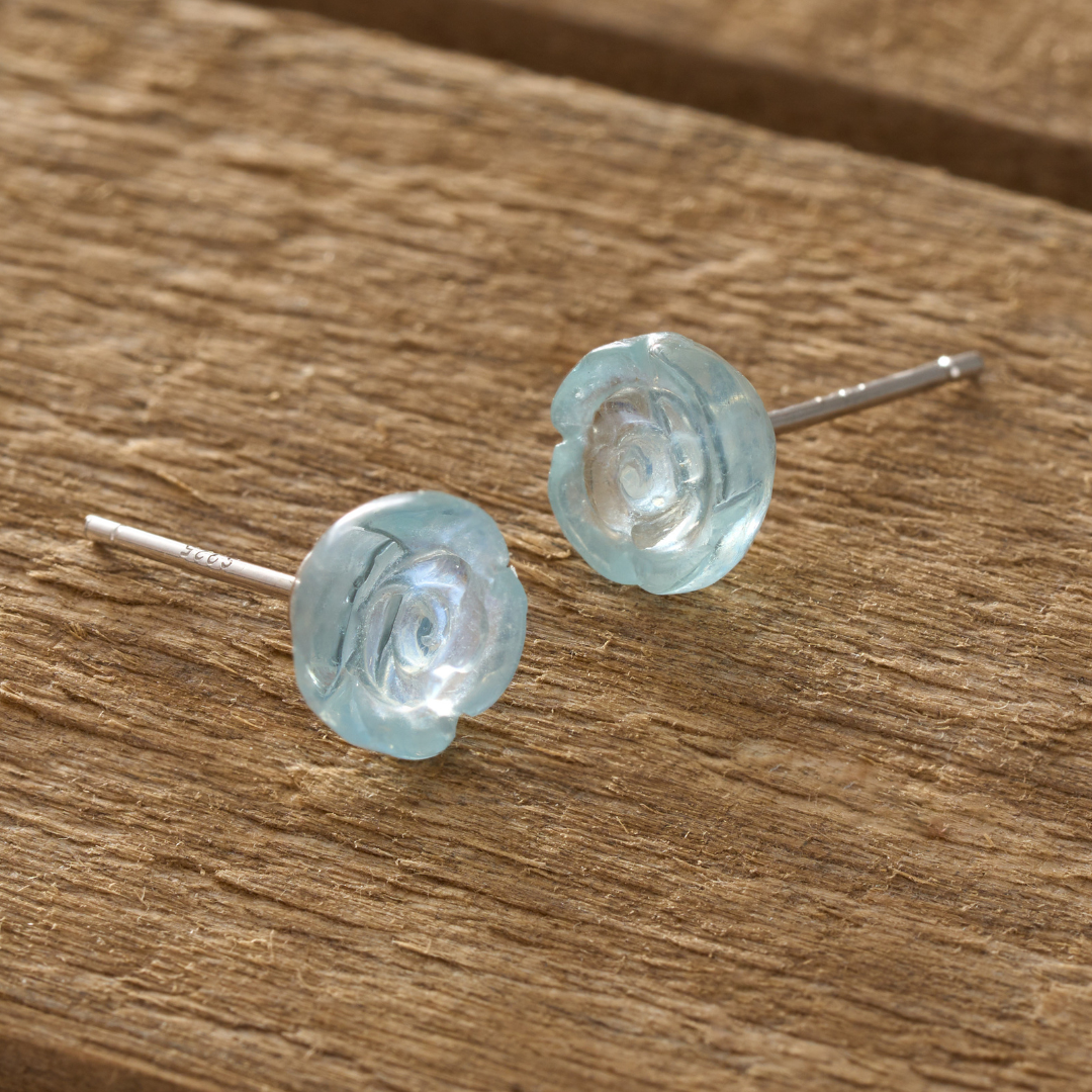 Carved Aquamarine Rose Studs