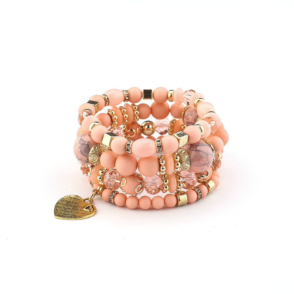 Bohemian ethnic style crystal peach heart multi-layer bracelet