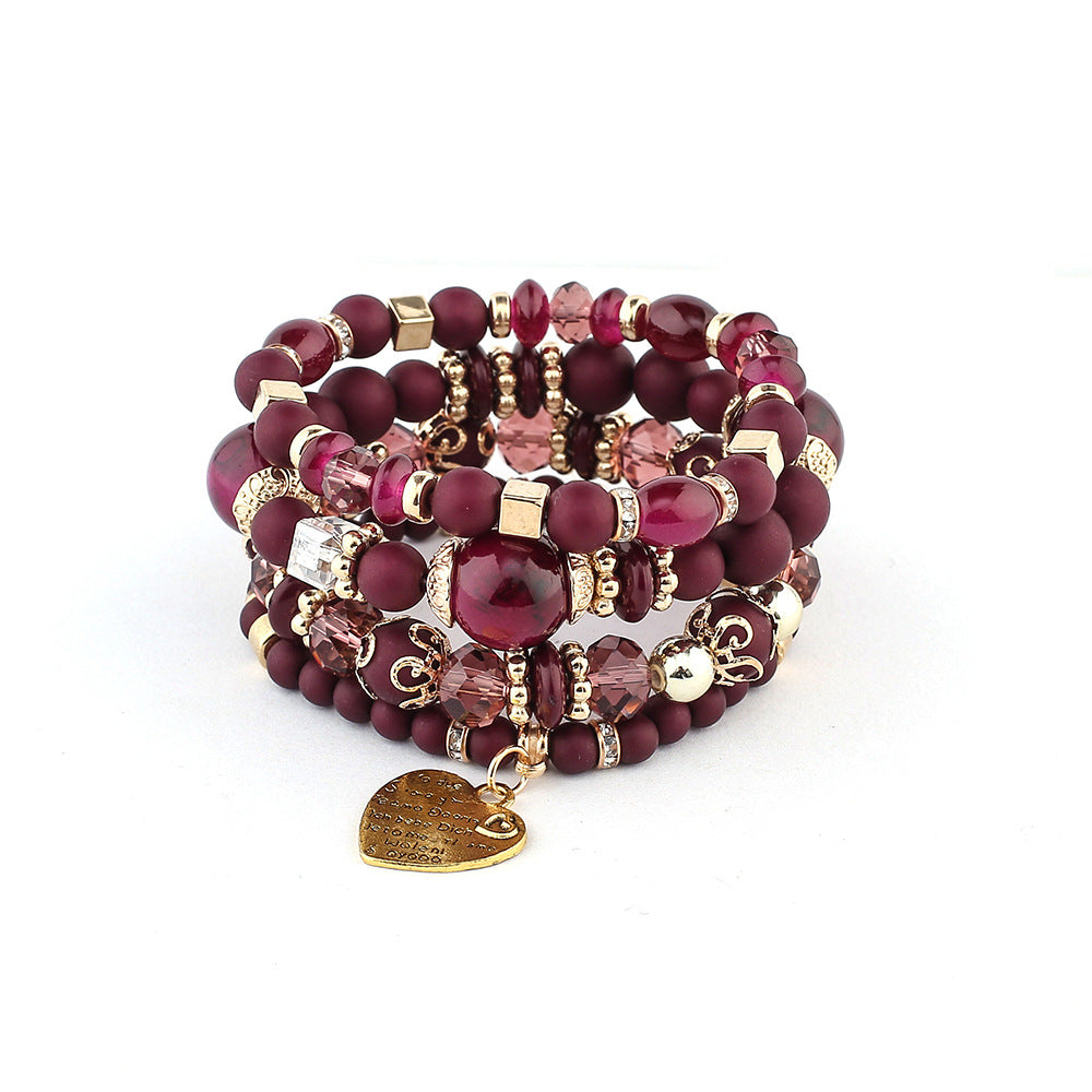 Bohemian ethnic style crystal peach heart multi-layer bracelet