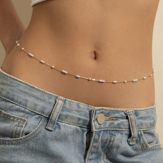 Sexy cold style millet grain pearl waist chain women's trend geometric metal chain single layer body chain