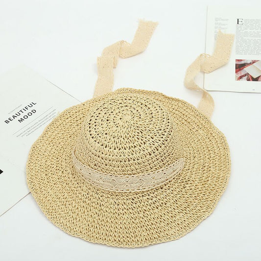 Literary small fresh lace ribbon woven straw hat lady temperament outdoor travel sun protection sun visor hat