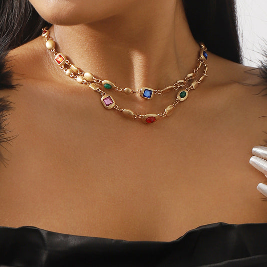 Medieval trendy ethnic style diamond double necklace