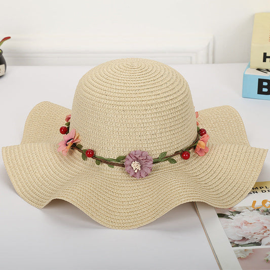 Straw hat wavy sun hat garland large brim hat