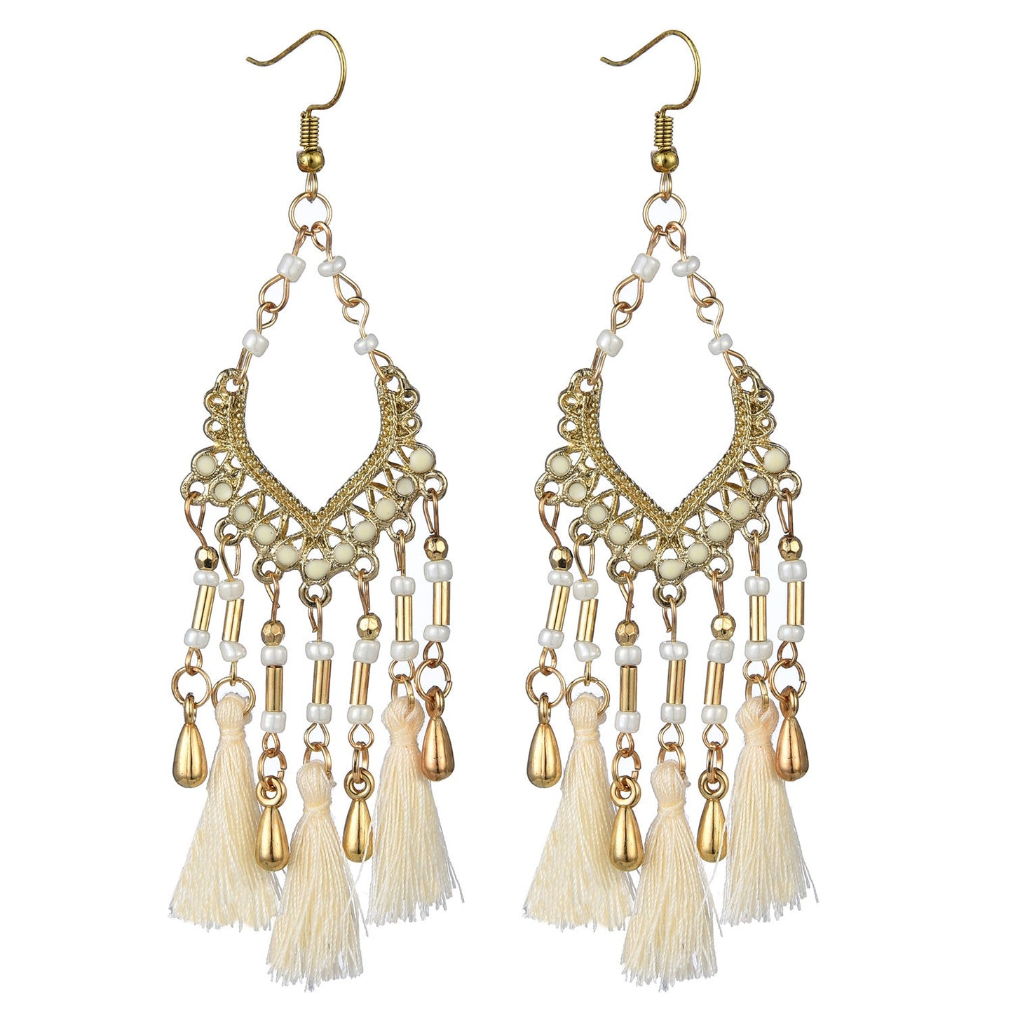 Bohemian hollow dripping oil rice beads fan-shaped tassel long earrings