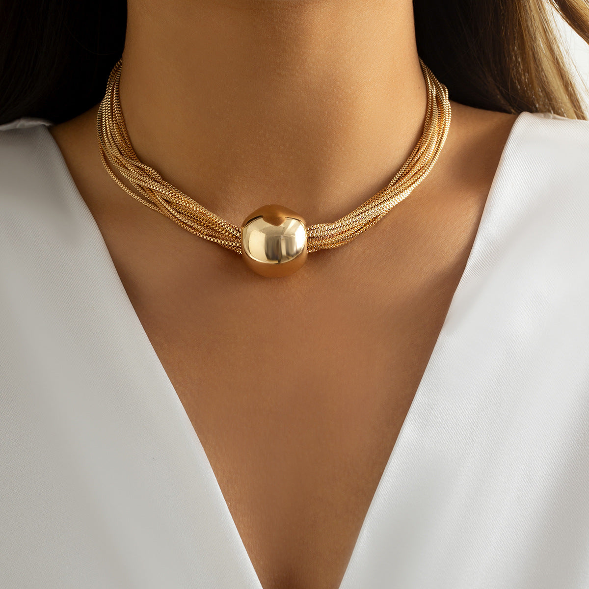 Exaggerated metal ball pendant necklace female personality multi-layer box chain retro necklace