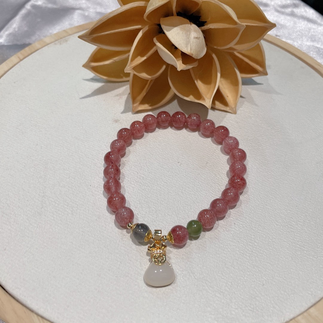 White Jade Lotus Strawberry Crystal Bracelet