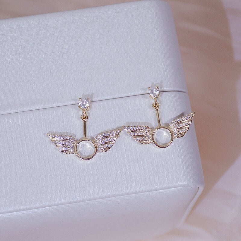 14k Gold Crystal Angel Wing Earrings