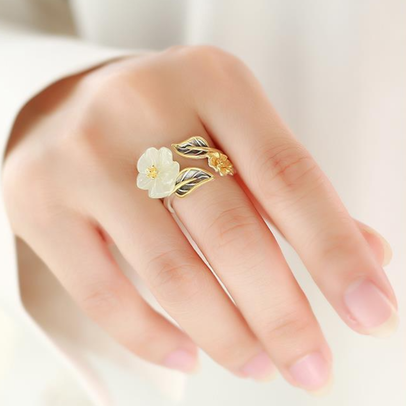 White Jade Plum Blossom Ring