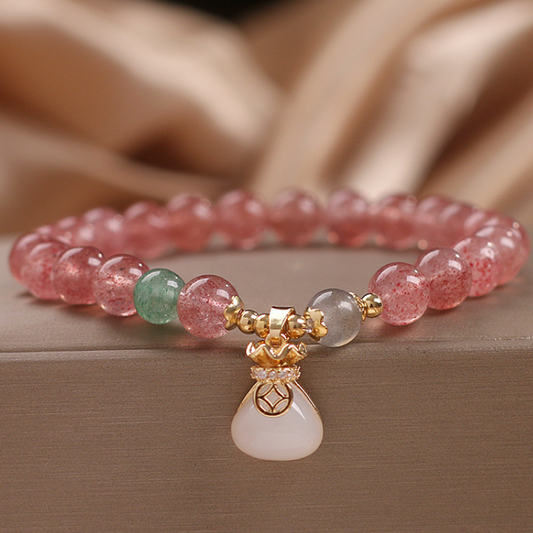 White Jade Lotus Strawberry Crystal Bracelet